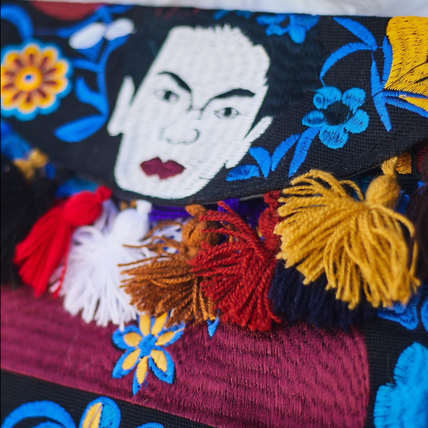 Frida Khalo Mexican art embroidered boho clutch
