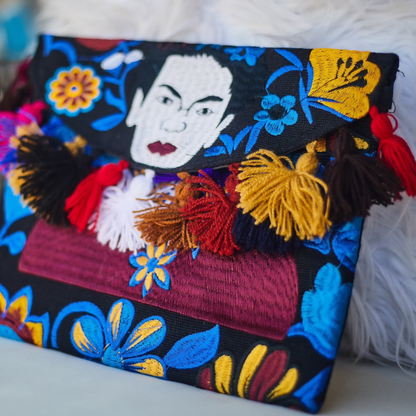 Frida Khalo Mexican art embroidered boho clutch 